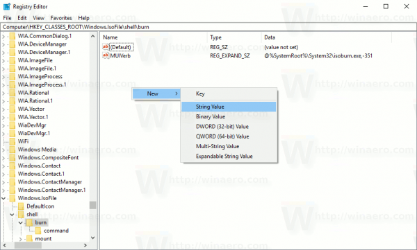 Fjern Burn Disc Image Context Menu i Windows 10