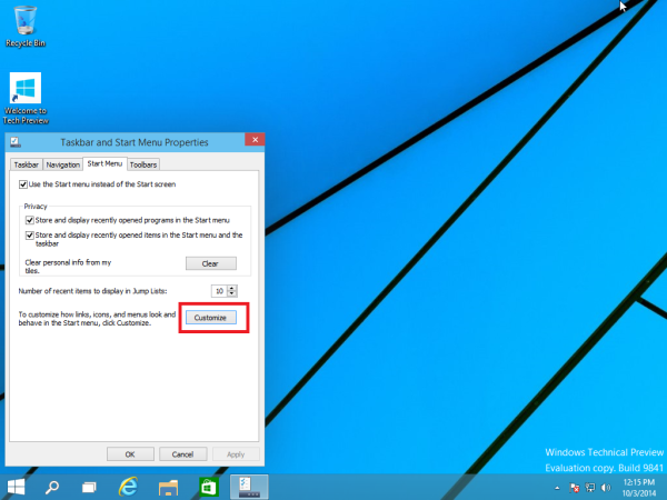 tlačítko pro přizpůsobení v nabídce Start ve Windows 10