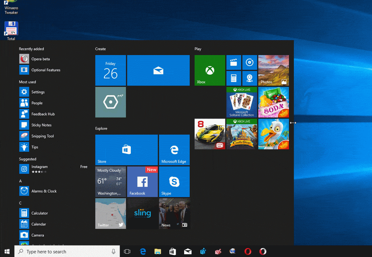 Windows 10 크기 조정 시작 메뉴 쪽
