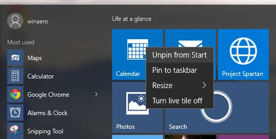 nabídka Start systému Windows 10 nevypnutá