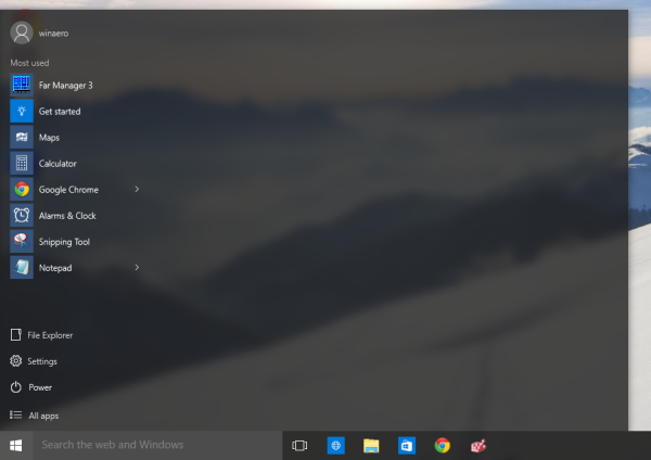 Windows 10 o singură coloană Meniul Start