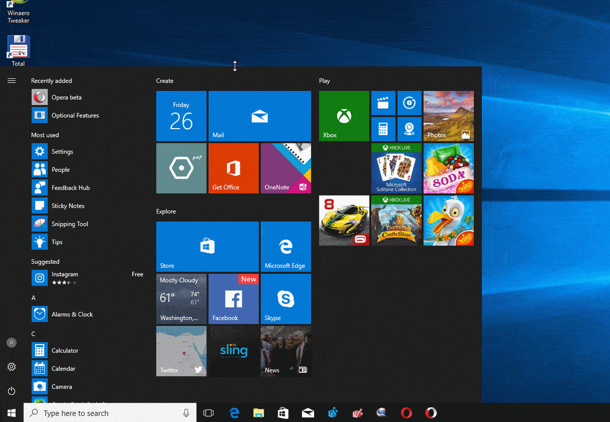 Izmijeni veličinu izbornika Start sustava Windows 10 Vrh