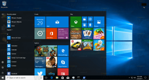 Zadani izbornik Start sustava Windows 10