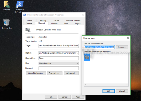 Ikona prečaca izvanmrežnog skeniranja za Windows Defender