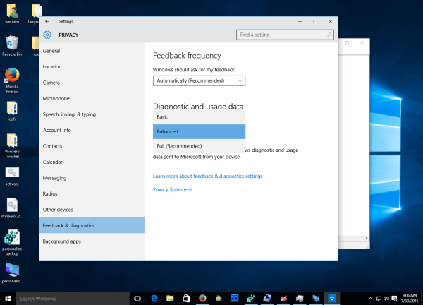 Opzioni di feedback di Windows 10