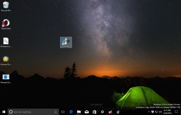 Folder Windows 10 Games przypięty do startu