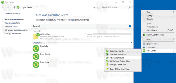 Kontextová nabídka Centra synchronizace Windows 10