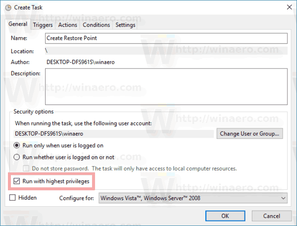 Windows 10 Opprett oppgavevindu Vilkår-fanen