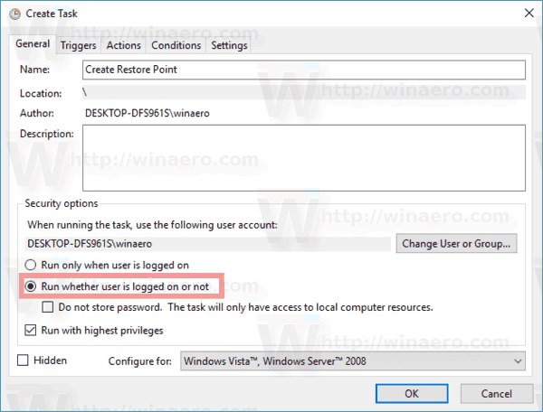 Windows 10 Create Task-venster Voorwaarden uitgeschakeld