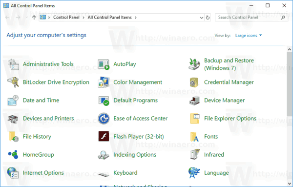 Windows 10 vadības paneļa lielo ikonu skats
