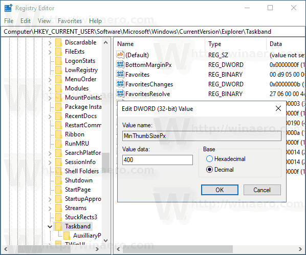 Taille de la miniature de la barre des tâches par défaut de Windows 10