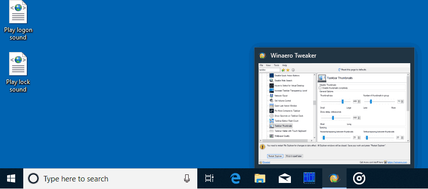 Winaero Tweaker Tweak -tehtäväpalkin pikkukuvat Windows 10: ssä