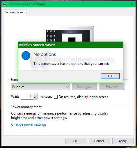 Windows 10 -näytönsäästäjä ei asetuksia