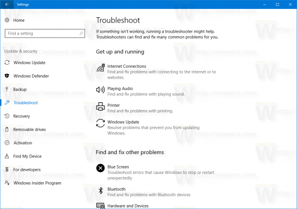 Windows 10 Řešení potíží se stránkou v Nastavení