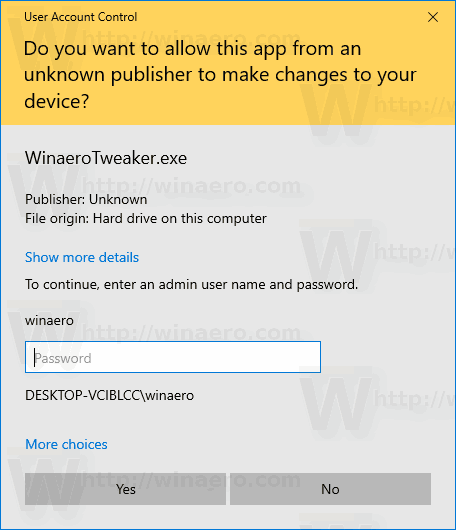 Invite par défaut de Windows 10 UAC