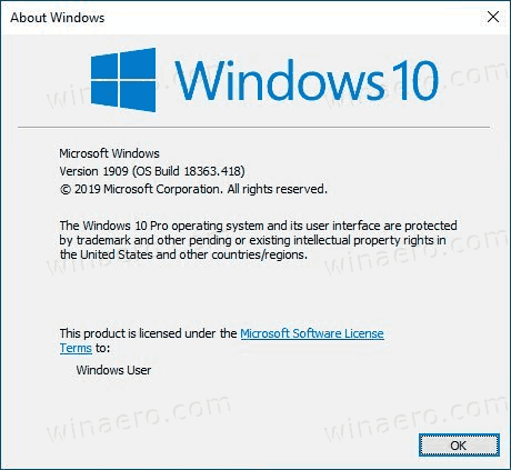 Windows 10 versija 1909 18363.418 Winver