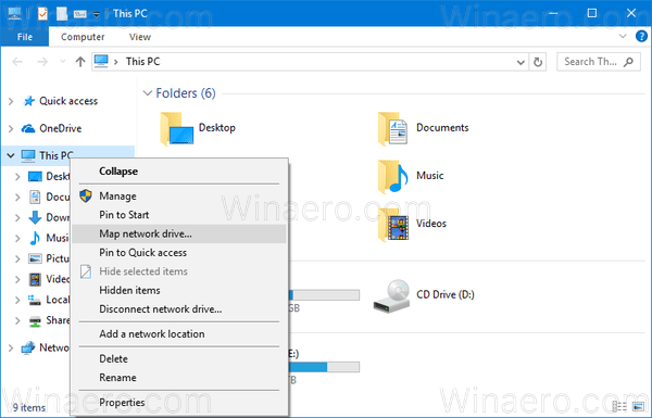 Windows 10 Map Network Drive kontekstmeny
