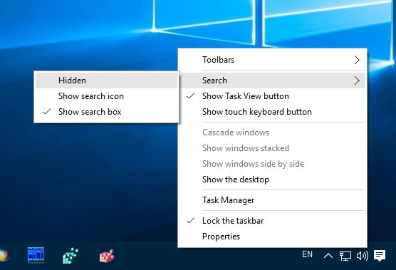 „Windows 10“ paieškos užduočių juostos kontekstinis meniu