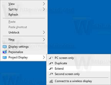 הוסף את תפריט ההקשר של שולחן העבודה של Project Display Windows 10