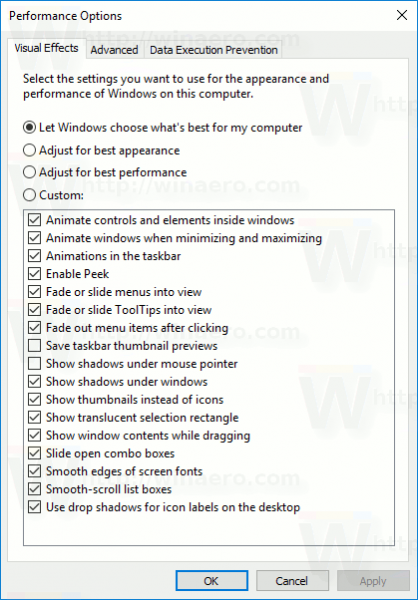Caixa de diálogo de opções de desempenho do Windows 10