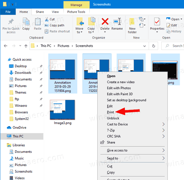 Εντολή μενού περιβάλλοντος εκτύπωσης Windows 10
