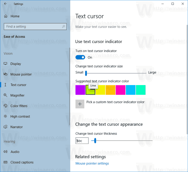 Tamaño 5 del indicador de cursor de texto de Windows 10
