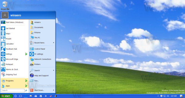 Windows 10, jossa on XP-tehtäväpalkki ja Käynnistä-valikko