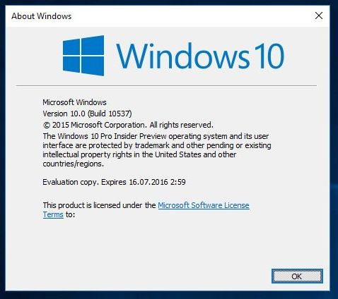Windows 10 kompilacja 10537 winver