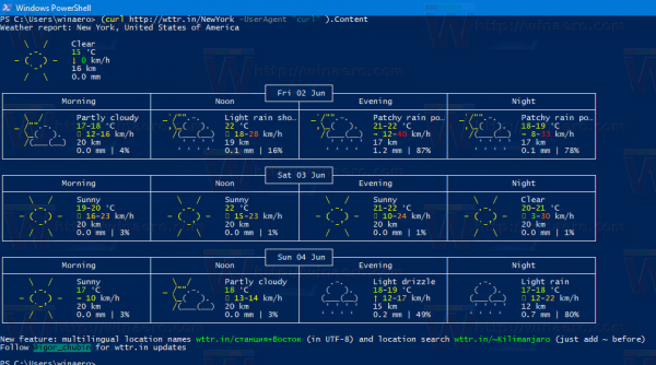 Pogoda lokalizacji w systemie Windows 10 w programie PowerShell