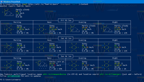 Windows 10 Country Weather w programie PowerShell