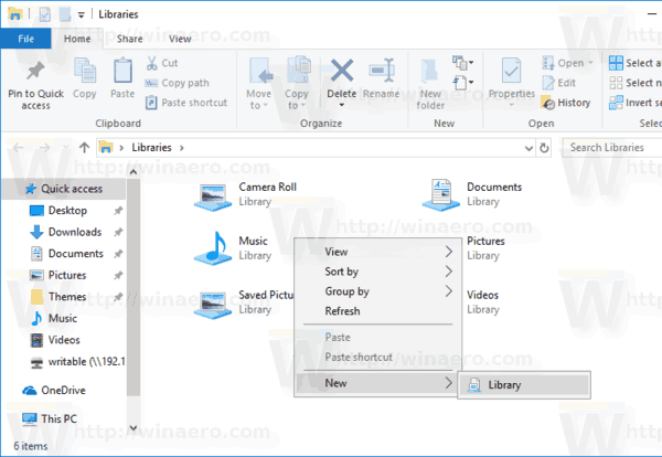 Windows 10 Προεπιλεγμένο νέο μενού για βιβλιοθήκες
