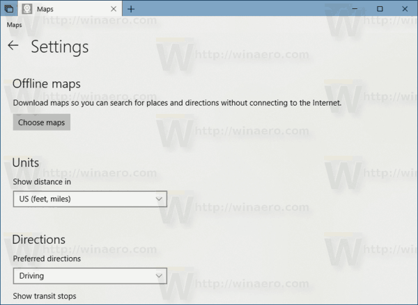 הגדרות אפליקציות של מפות Windows 10