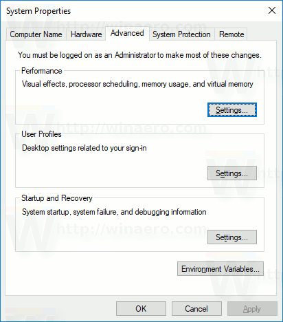 Thuộc tính hệ thống nâng cao của Windows 10