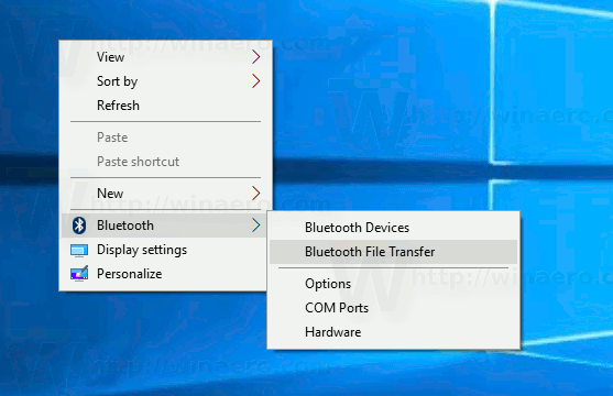 Menú contextual Bluetooth de Windows 10