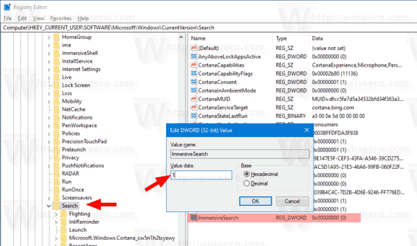 Windows 10 Активиране на потапящо панел за търсене 2