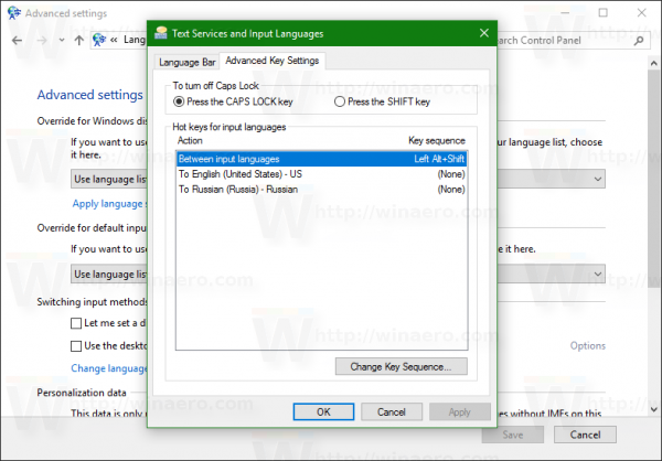 tasti di scelta rapida per il cambio di applet di lingua in Windows 10