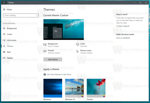 Page des thèmes Windows 10