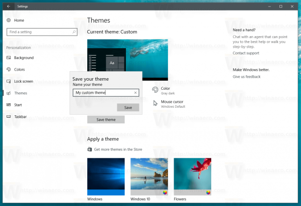 Invite Windows 10 Enregistrer le nom du thème