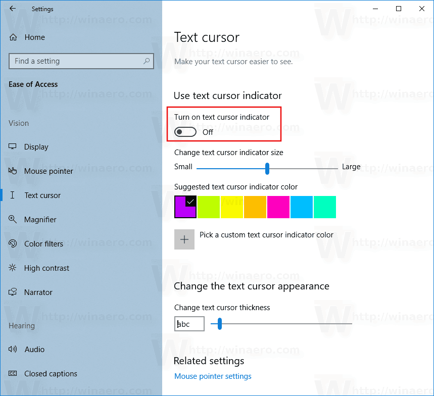 Indikátor textového kurzoru Windows 10 povolen