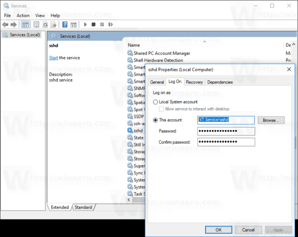 „Windows 10“ prisijungimas prie įmontuoto „Sshd Server 3“