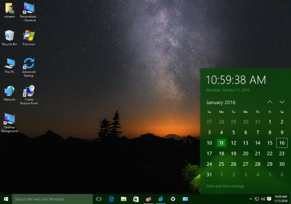 Nouveau volet de date de Windows 10