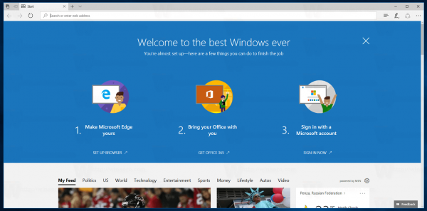 Pagina de întâmpinare Windows 10