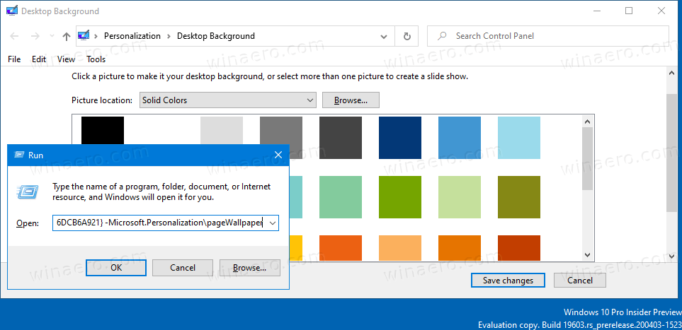 Klasický dialog na pozadí plochy ve Windows 10