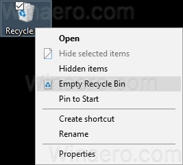 Meniul contextual Windows 10 Empty Recycle Bin