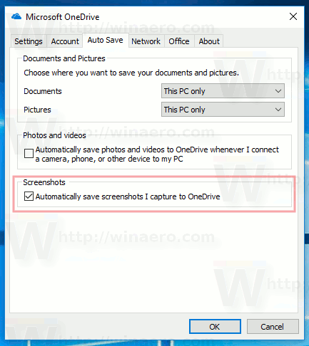 Skærmbilleder gemt i OneDrive i Windows 10