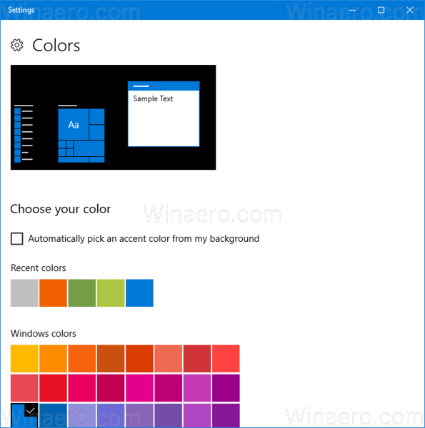 Page Couleurs de Windows 10