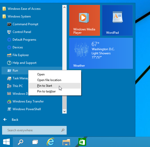 thêm chạy vào menu Bắt đầu trong Windows 10