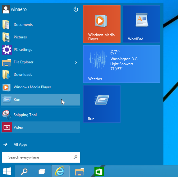 Comando de execução do Windows 10 à esquerda