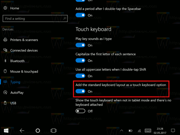 Tavallinen asettelu kosketusnäppäimistössä Windows 10: ssä