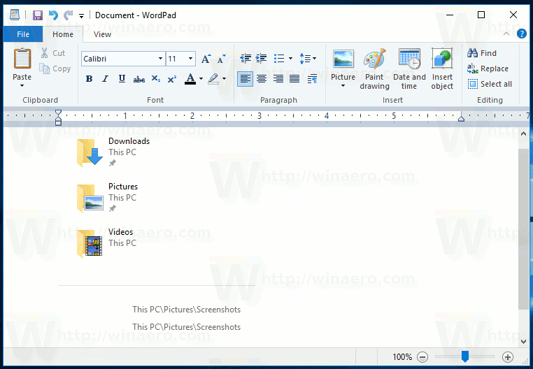 Windows 10-skærmbillede af den valgte region i Wordpad